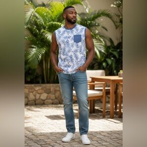 Mountain Ridge Blue Leaf Print Sleeveless Tank-Size Large